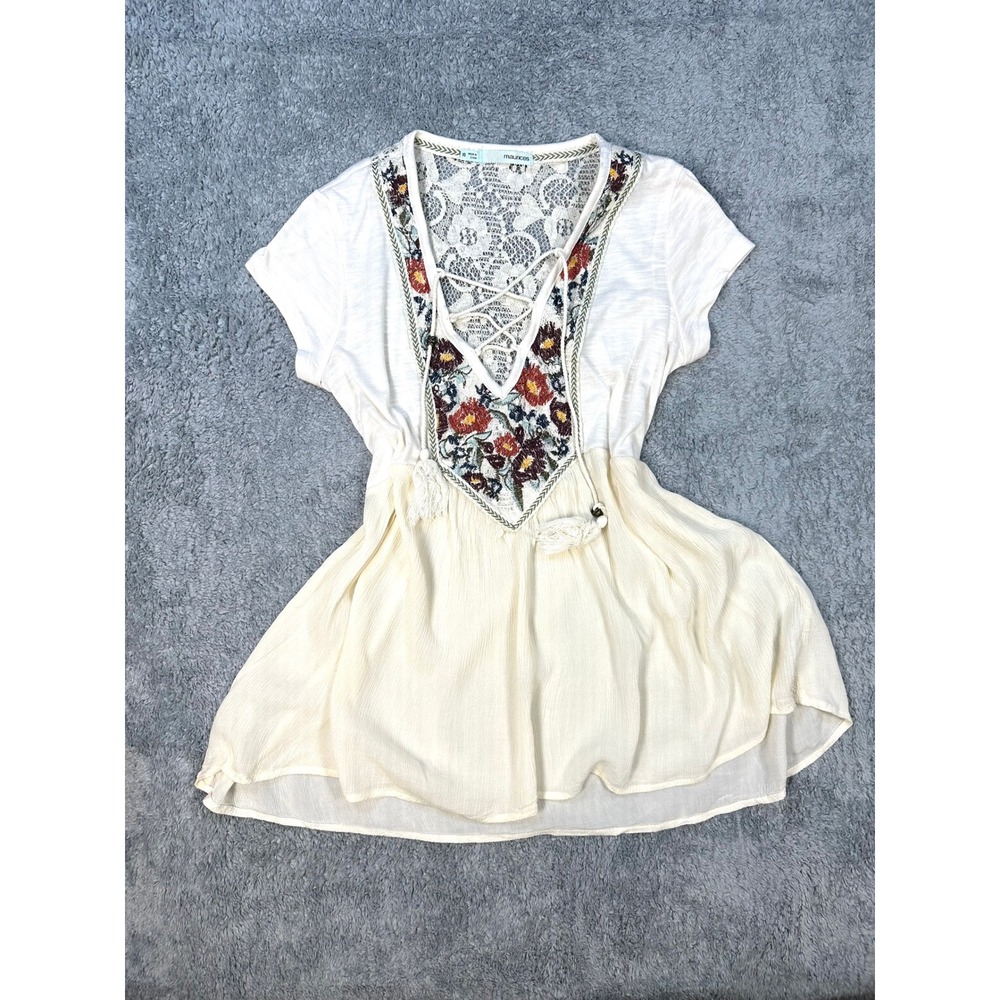 Boho Embroidered Peasant Top Lace back‎ Womens XS cream festival hippie tassel